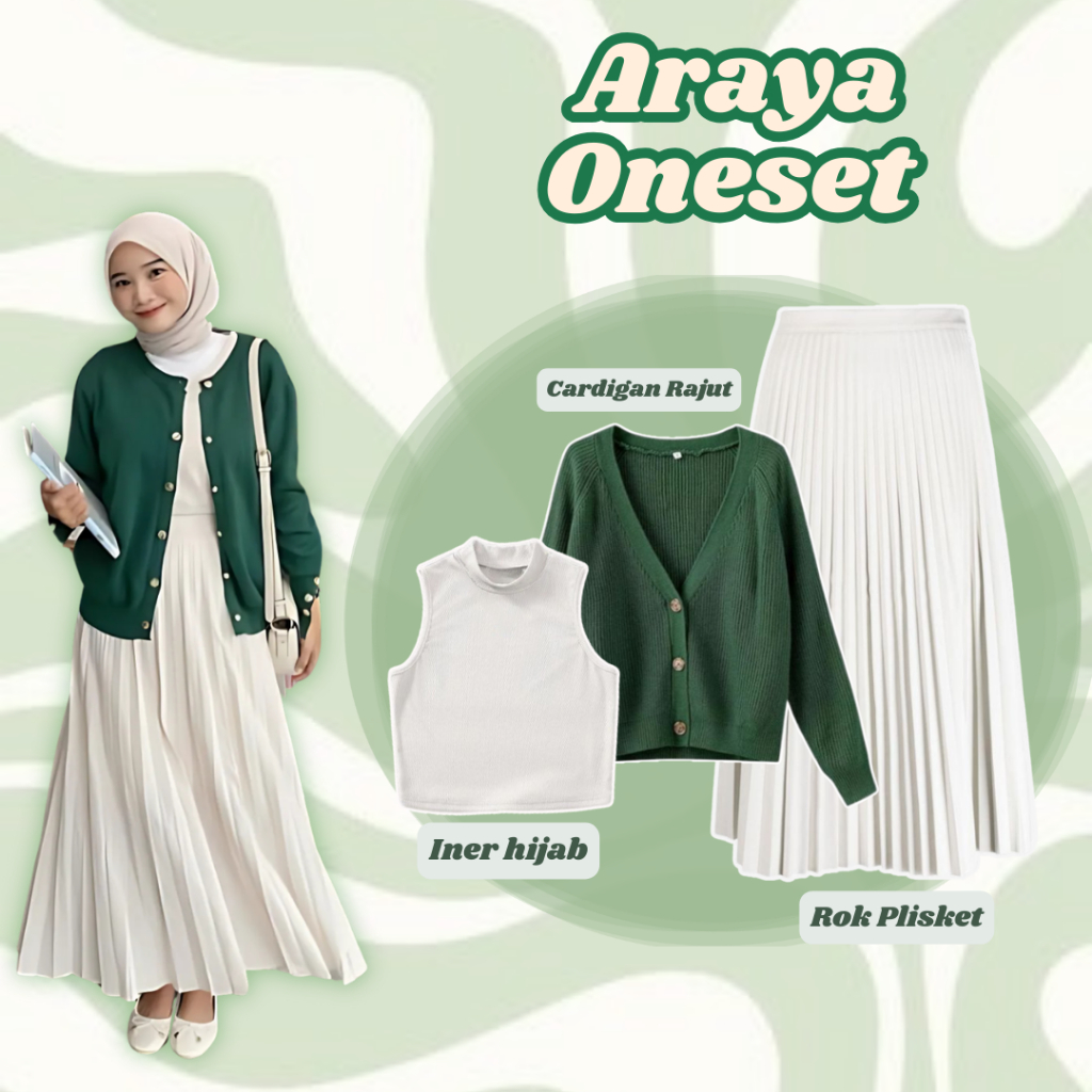 Jual ARAYA ONESET 4IN1 Rok Plisket Cardigan Rajut Iner