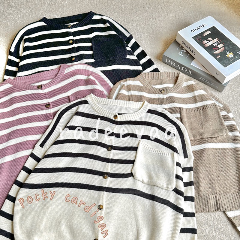 Jual CARDIGAN STRIPE POCKY MOTIF GARIS POCKET OVERSIZE ATASAN RAJUT ...
