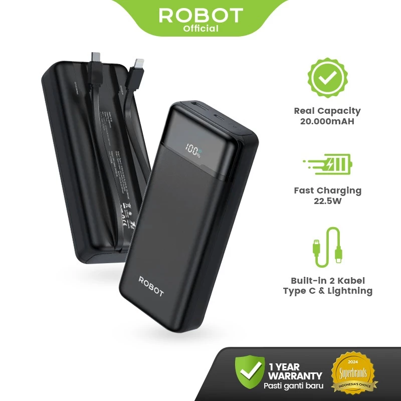 ROBOT Powerbank Fast Charging 20000mAh 22.5W 2 Built in Cable Type C Lightning LED Display Power bank RT25 Original