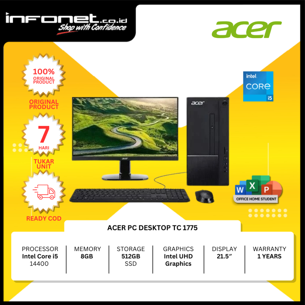 Jual ACER PC DESKTOP TC 1775 CORE I5-14400 8GB 512GB W11+OHS | Shopee ...