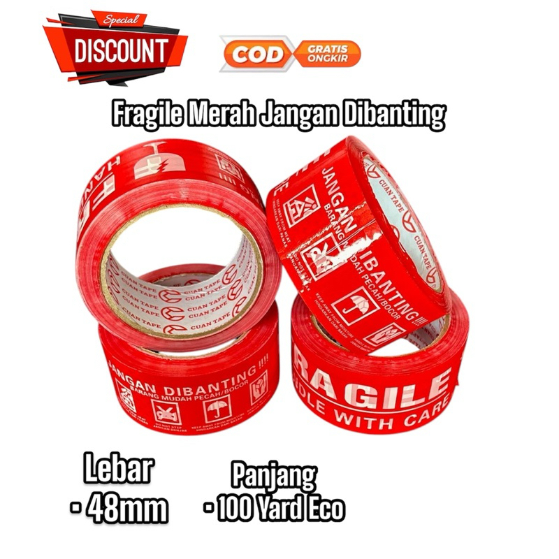 Jual Lakban Fragile Merah 100 yard | Lakban Fragile 48mm x 100yard ...
