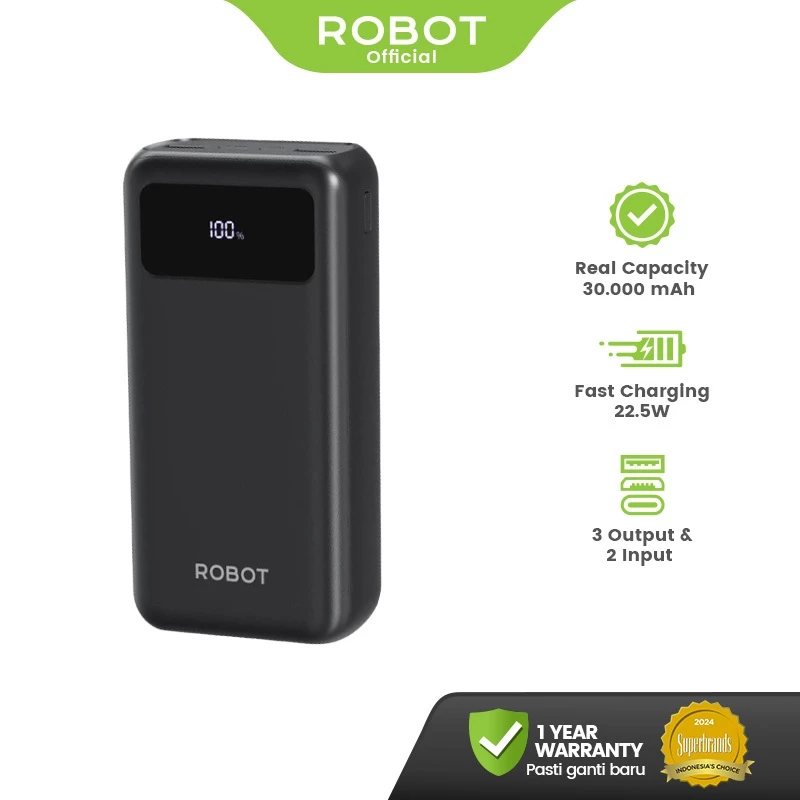 ROBOT Powerbank 30000 mAh Fast Charging 22.5W 3 Port USB Type C LED RT32 Original - Garansi Resmi 1 Tahun