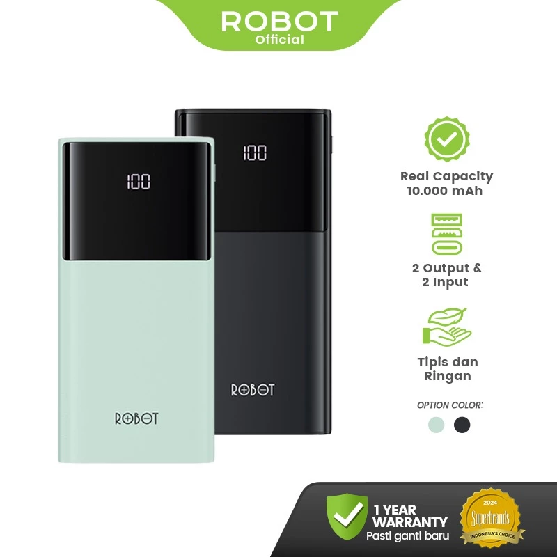 ROBOT Powerbank 10000 mAh 2A Real Capacity Dual Port USB Type C Power Bank Slim Fast Charging RT190S Original
