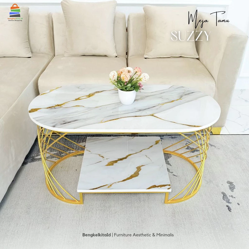 Meja Tamu Aesthetic Meja Sofa Minimalis - MEJA SUZZY - Oval Besi Holo Marmer Putih UV Gold