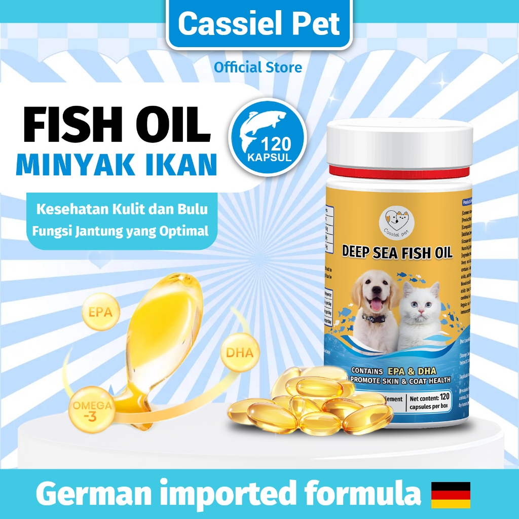 Cassiel Pet Minyak Ikan Omega-3 untuk Kucing/Anjing Vitamin Kulit Bulu,  Boost Imun 120 Kapsul