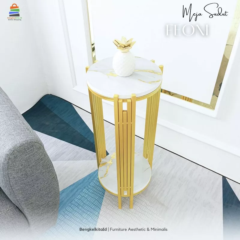 Aesthetic Round Side Table Sofa Desk - MEJA FEONI - Tall Minimalist Besi Holo Gold