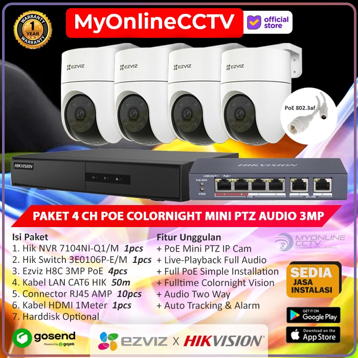 Jual Paket Smart CCTV NVR 4Ch IP Camera Ezviz Hikvision POE 3MP