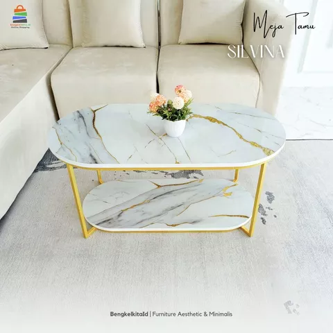 Meja Tamu Aesthetic Meja Oval Panjang - MEJA SILVINA - Minimalis Sofa Besi Holo Cat Duco