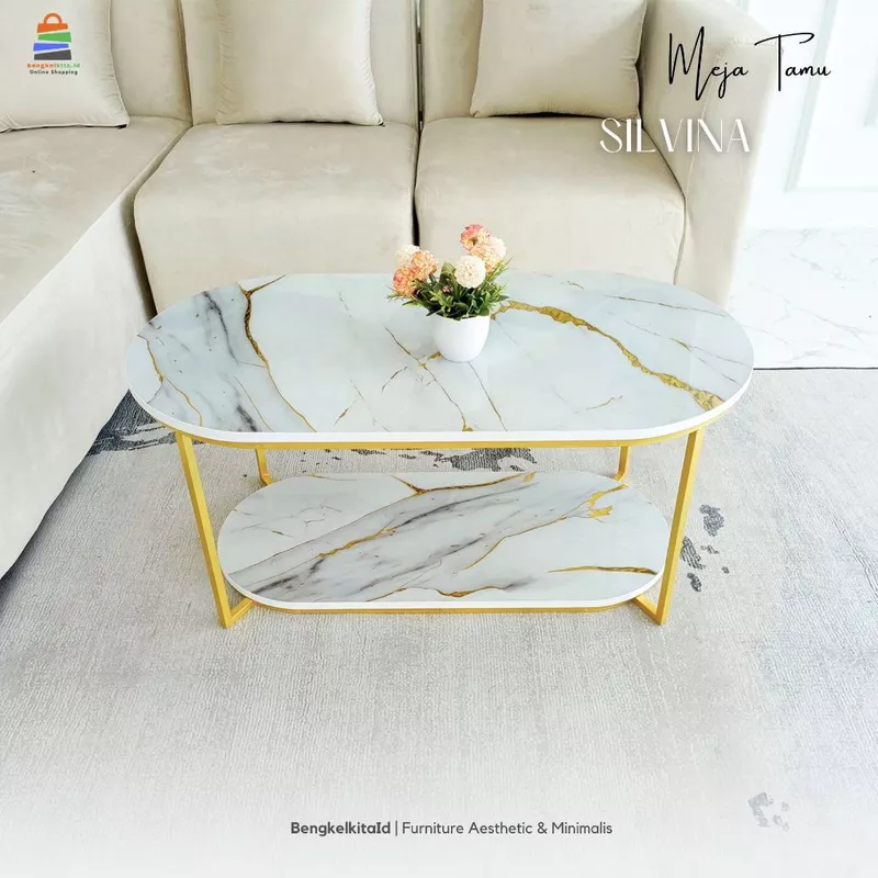 Meja Tamu Aesthetic Meja Oval Panjang - MEJA SILVINA - Minimalis Sofa Besi Holo Cat Duco