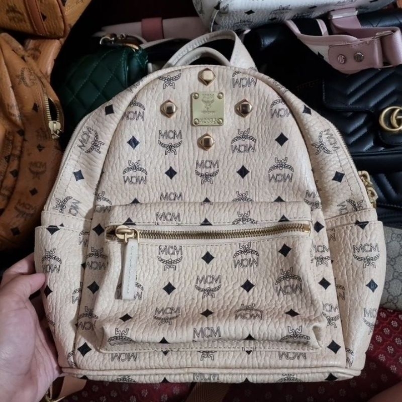 Jual mcm mini ransel leather studed white | Shopee Indonesia