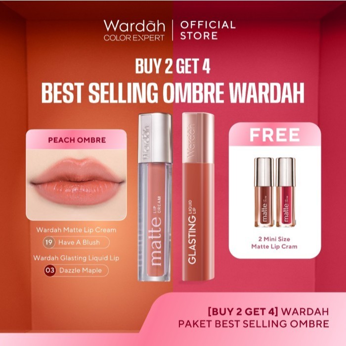 [BUY 2 GET 4] WARDAH Paket Ombre Best Seller Glasting Liquid Lip, Matte Lip Cream FREE 2 pcs Mini Matte Lip Cream - Glossy Lip - Matte Lip - Bundle Ombre - Makeup