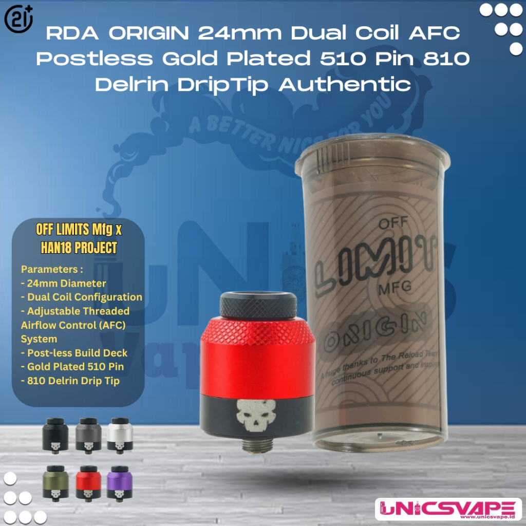 Jual RDA ORIGIN 24mm Dual Coil AFC Postless Gold Plated 510 Pin 810 ...