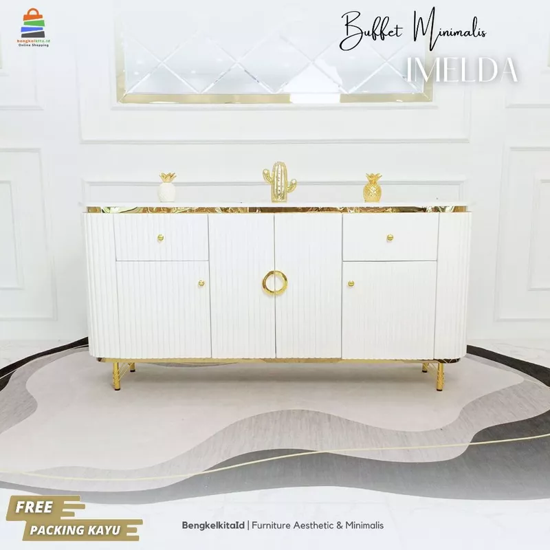 Meja TV Aesthetic Meja Buffet TV Kayu Solid - MEJA IMELDA - 180cm 4 Pintu Cat Duco Glossy