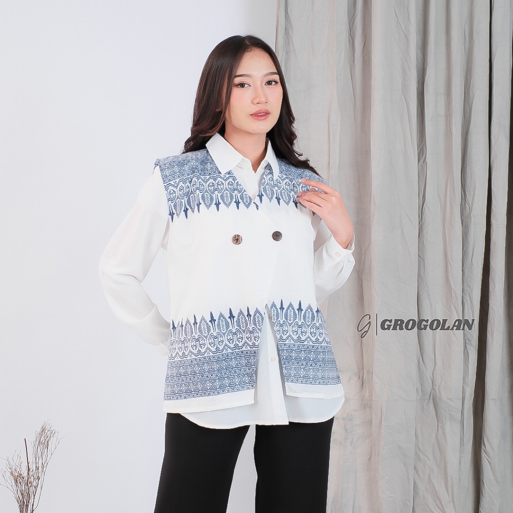 Jual GROGOLAN Vest Outer Rompi Batik V Neck Atasan Wanita Motif Diandra ...