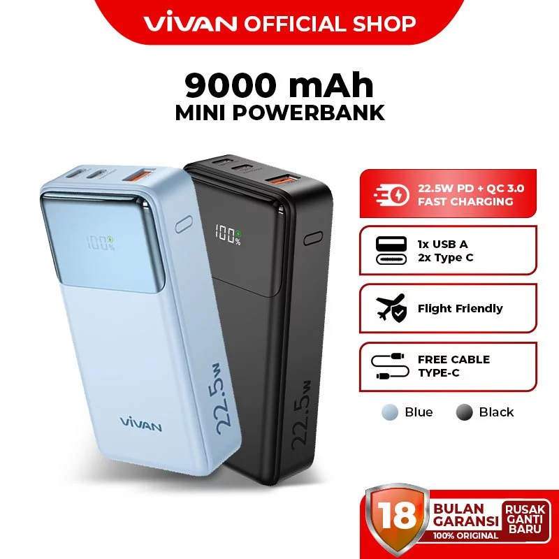 VIVAN Mini Powerbank VPB-C10 9000mAh 22.5W Fast Charging PD QC 3.0 Flight Friendly Garansi 18 Bulan