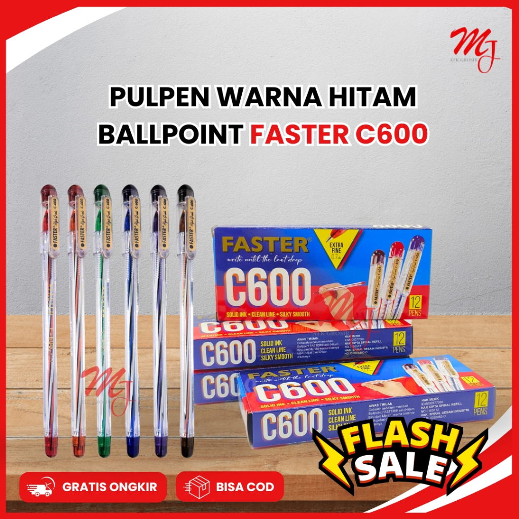 Jual (isi 12 pcs) Ballpoin/ Bulpen / Bolpen / Pulpen FASTER Hitam C 600 ...