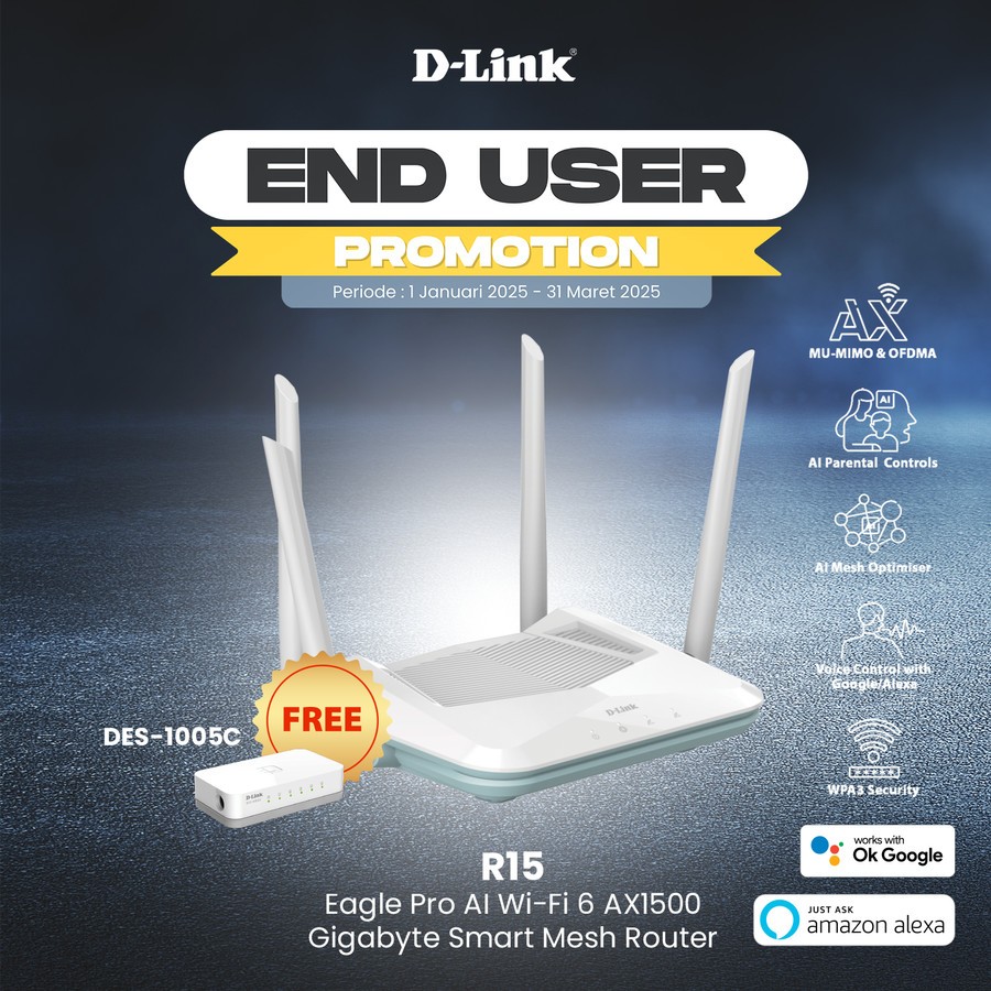 Jual D-LINK R15 EAGLE PRO AI WIFI-6 AX1500 GIGABYTE SMART MESH ROUTER ...
