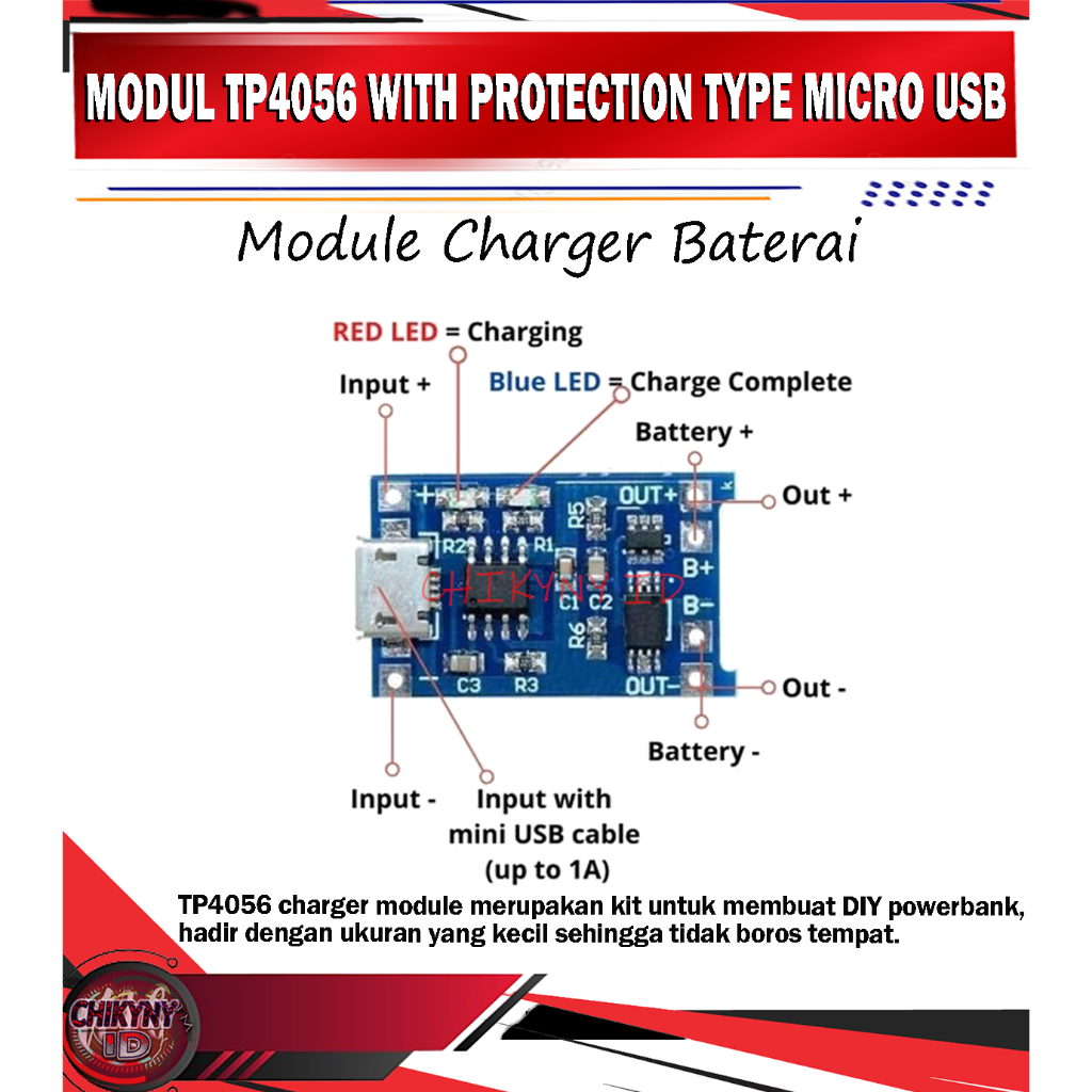 Jual MODUL TP4056 WITH PROTECTION MODULE CHARGER BATERAI TYPE MICRO USB ...