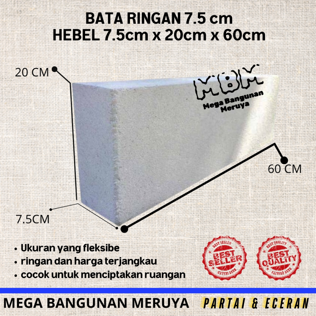 Jual Hebel Bata Ringan 1 kubik isi 111 pcs 7.5 x 20 x 60 cm ...