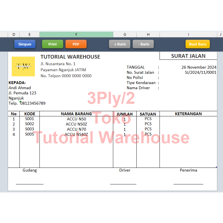 Jual Template Excel Surat Jalan Otomatis Simpan ke Arsip, Cetak PDF ...