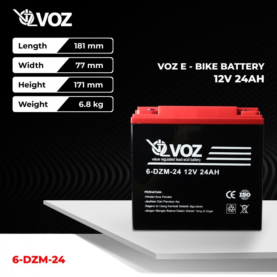 Voz Baterai Sepeda Listrik Motor Listrik 12V 24 Ah | Voz E-Bike Baterai 12V 24Ah 6DZF24 ORIGINAL MURAH BERGARANSI