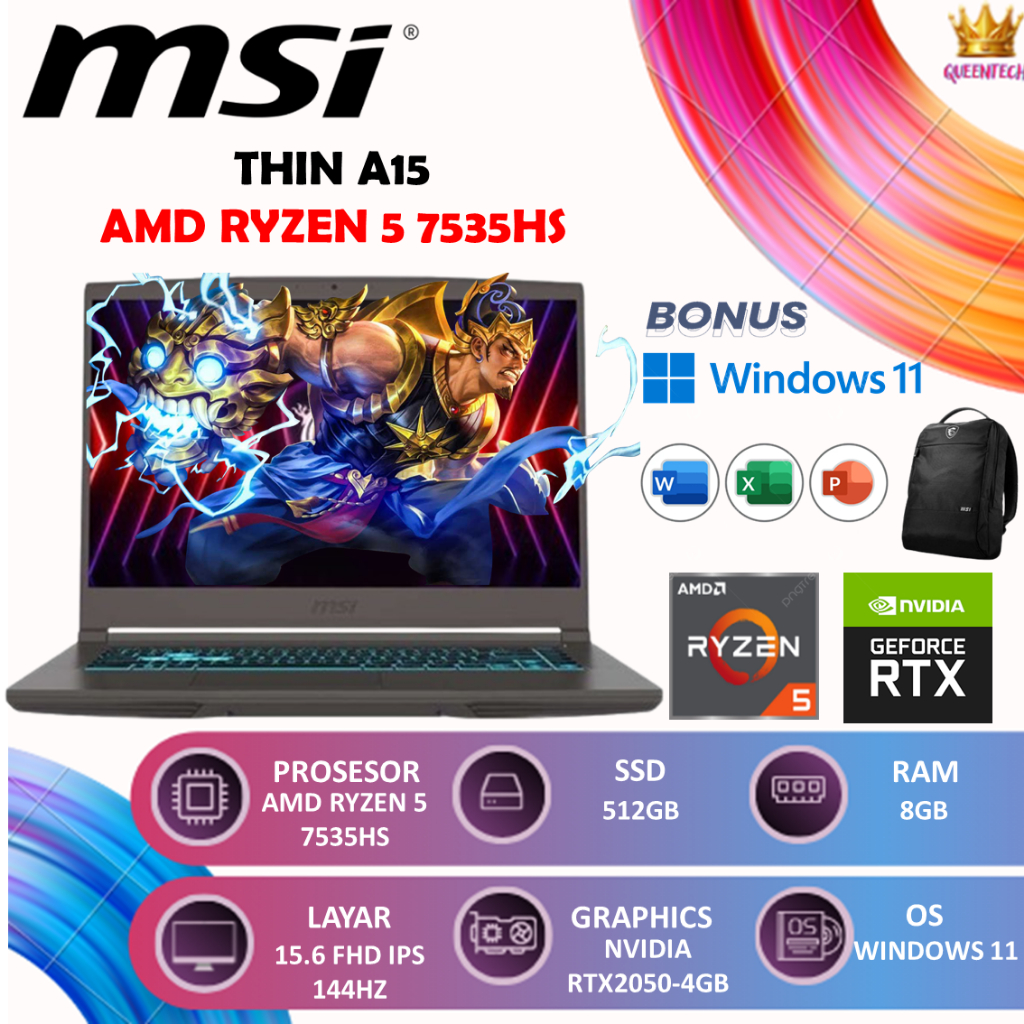 Jual Msi THIN A15 AMD Ryzen 5 7535HS Nvidia RTX2050-4GB 8GB 512GB ...