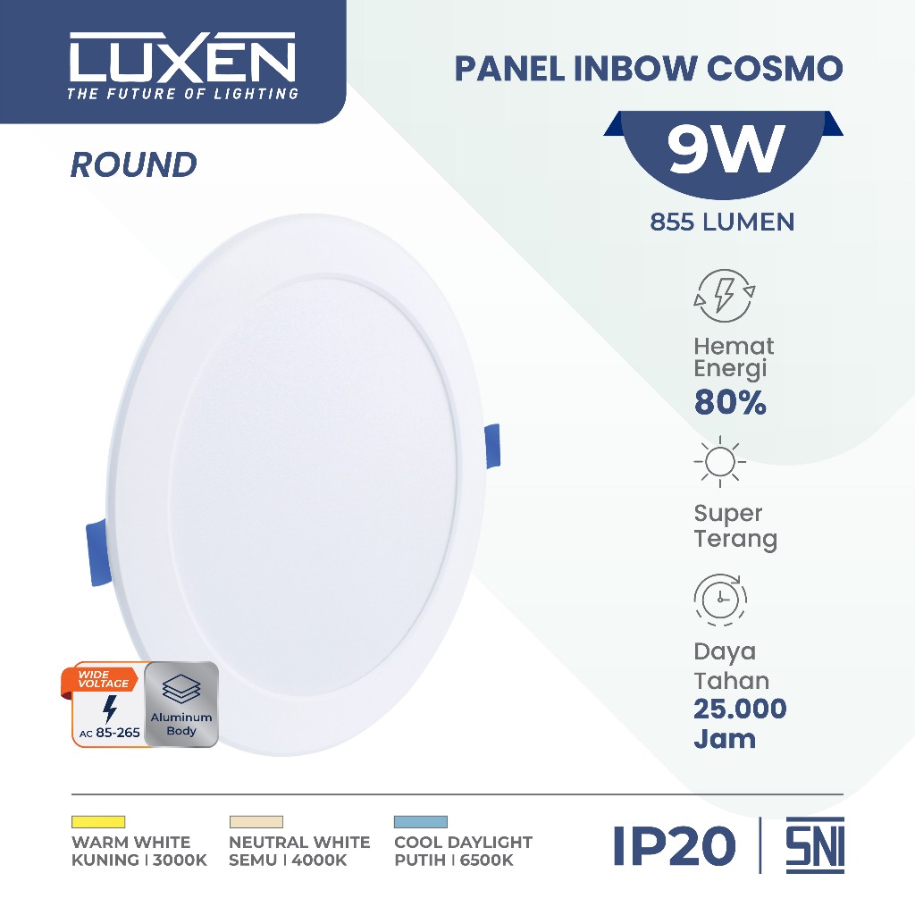 Jual Luxen Downlight LED Panel Inbow Bulat 9 Watt Cahaya Putih, Kuning ...