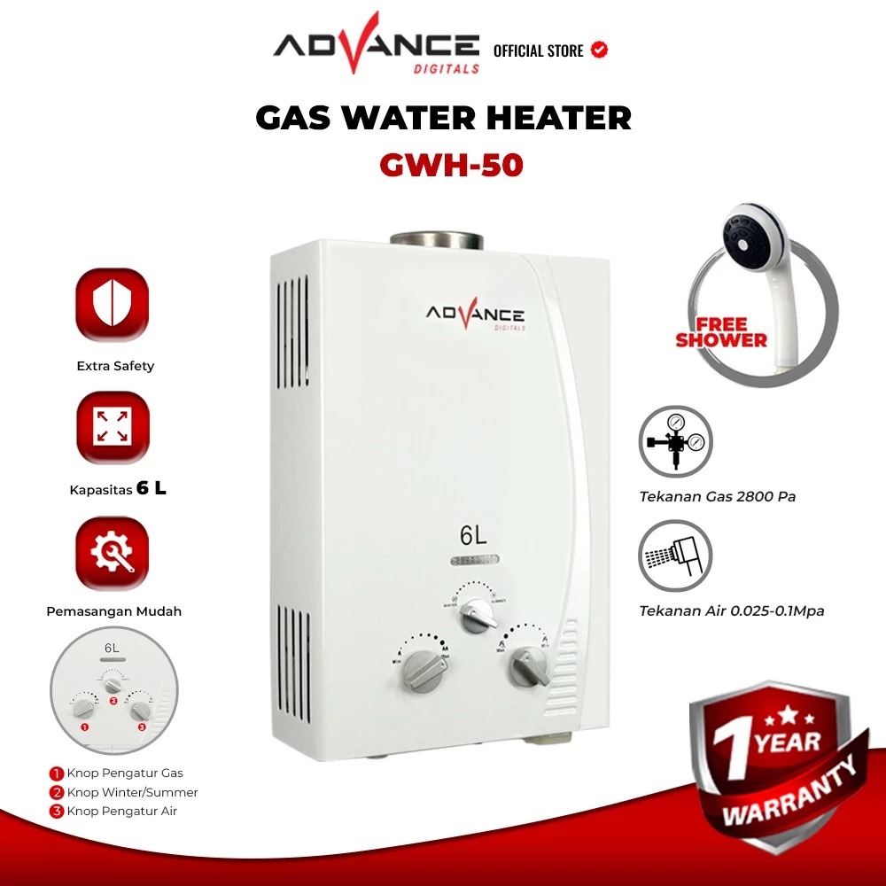 Advance GWH60 Gas Water Heater Pemanas Air Kamar Mandi Gas Bonus Selang Dan  Shower Alat untuk Membuat Air Panas