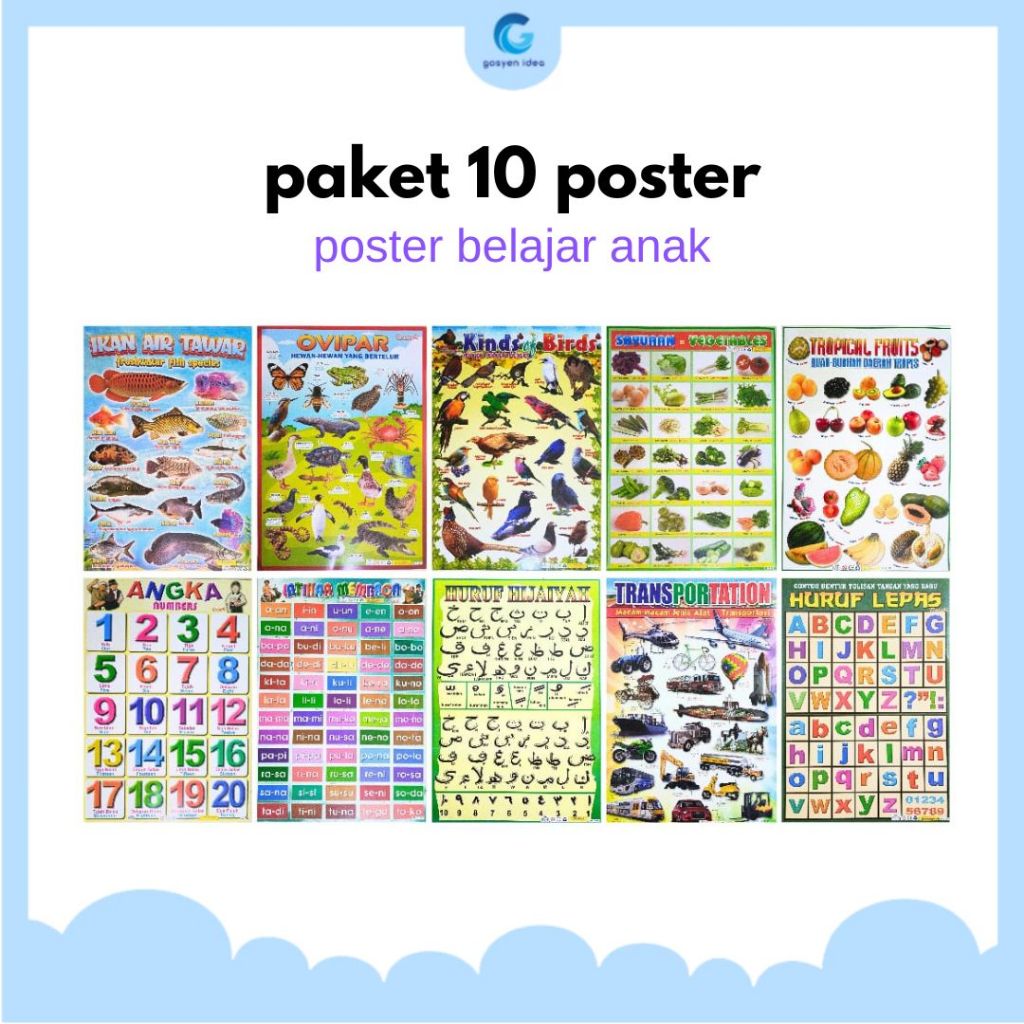 Jual Poster Dinding Edukasi Belajar Anak isi 10 Gambar Hijaiyah Angka ...