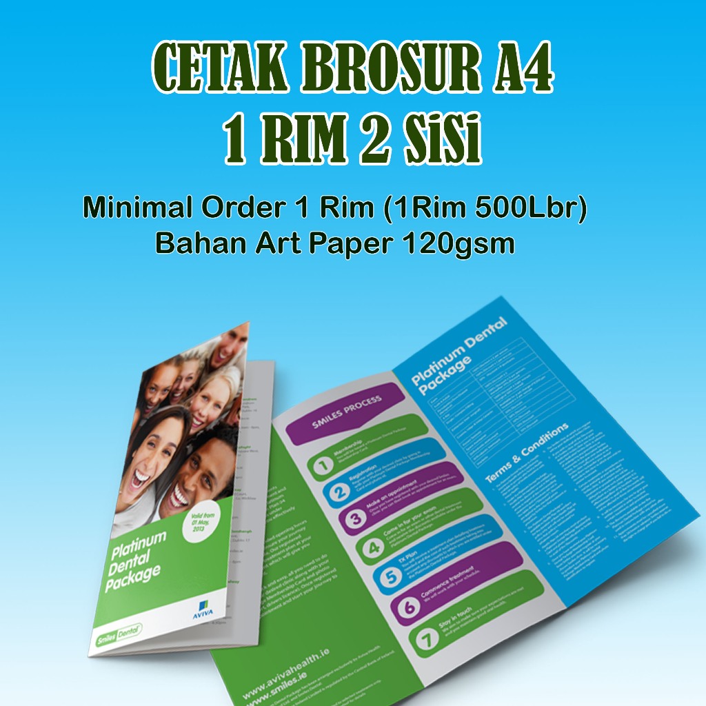Cetak Brosur A4 (2 sisi), Art Paper 120/150gsm, 1Rim 500Lbr