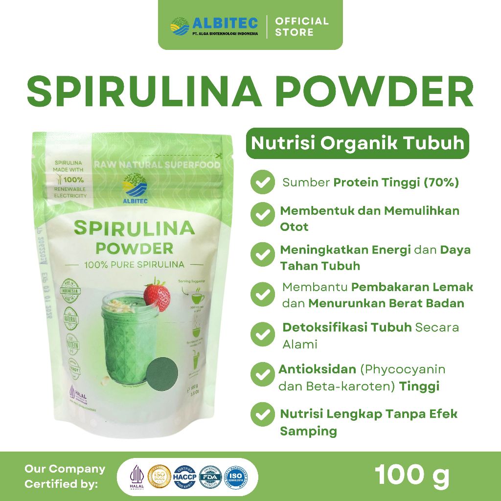 Jual ALBITEC Pure Spirulina Powder / 100% Bubuk Spirulina Asli 100gr ...