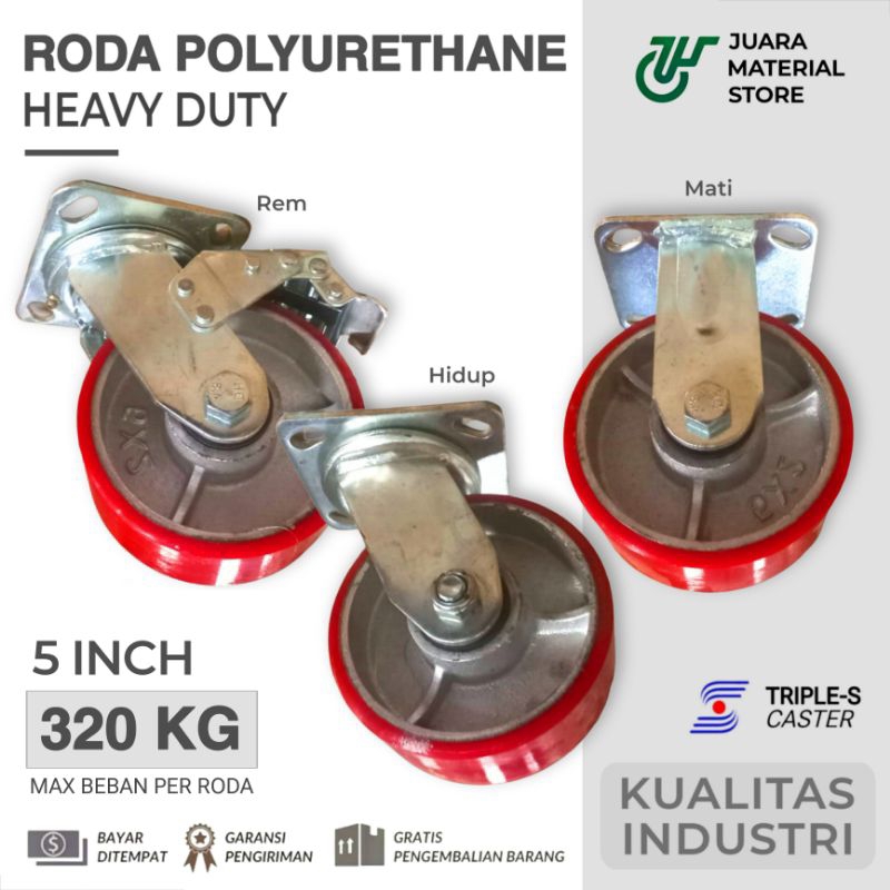 Jual Roda Troli 5 inch 125mm Polyurethane Merah Double Ball Bearing ...