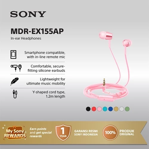 Earphone Sony MDR-EX155AP Handsfree Mass Model In-Ear - Pink Earphone Headset Original
