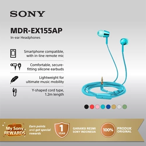Earphone Sony MDR-EX155AP Wire Headset With Microphone - Light Blue SONY Earphone Original