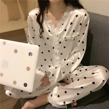 Baju Tidur Wanita Piyama Set BS 5110 Setelan Lace Renda Ice Silk Lengan Panjang Celana Panjang