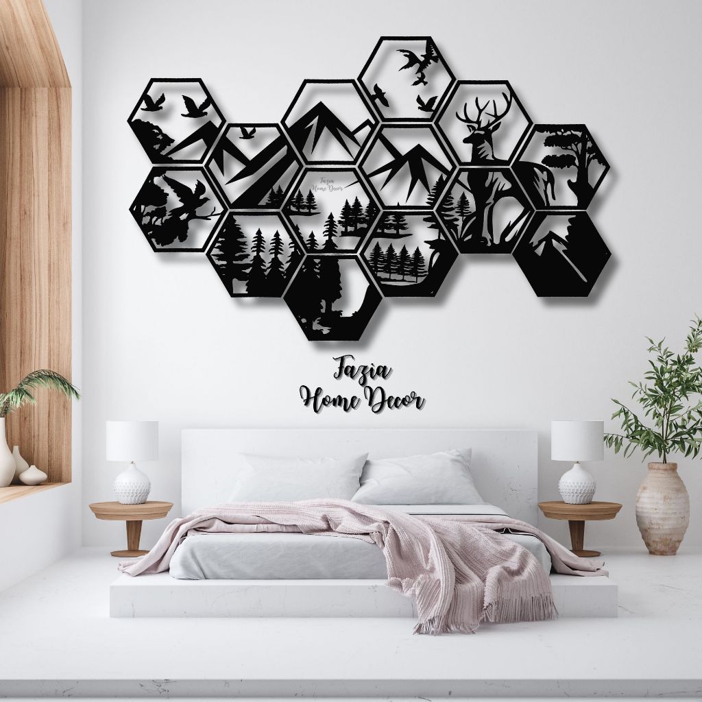 KREASI KAYU 3D UKURAN BESAR HEXSAGONAL ANIMAL 1 SET ISI 15 PANEL/ WALL DECOR