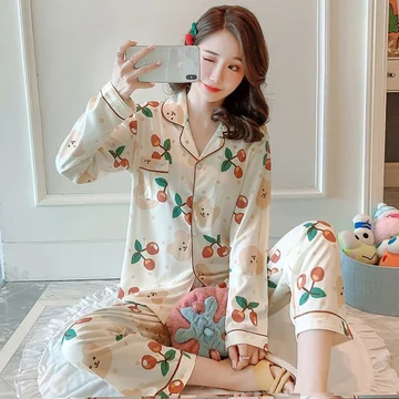 PP PAJAMAS Long Ice Silk Satin Korea Jepang Elegan Piyama Mewah Baju Tidur Kancing Depan Lengan