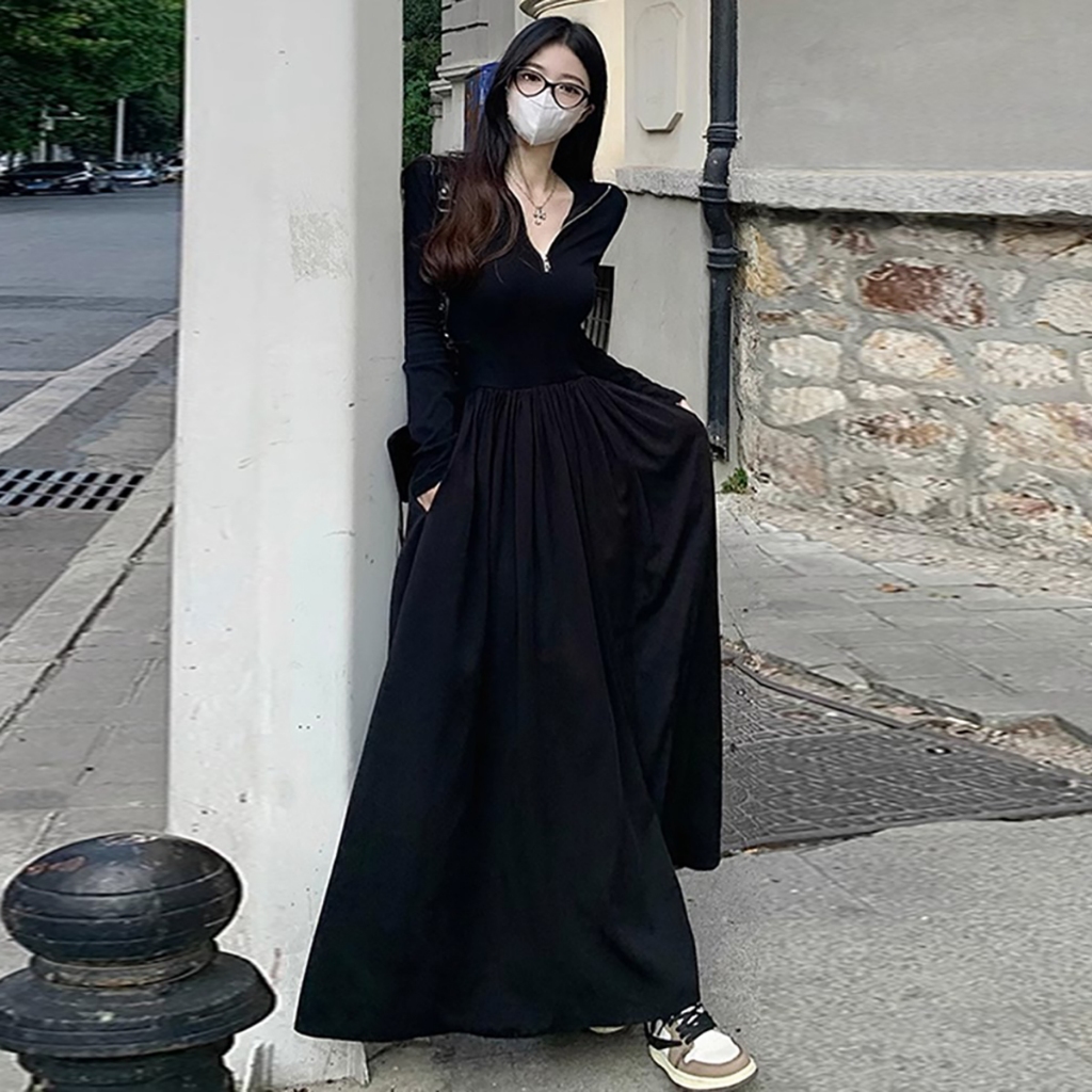 Jual |kekinian.factory|(Ready stok!!!) COD Dress korean style hitam jumbo panjang  dress hitam midi Lengan Pendek dewasa Dress Maxi turtleneck Polos bigsize  cewek dress Outfit Cewek Kekinian | Shopee Indonesia