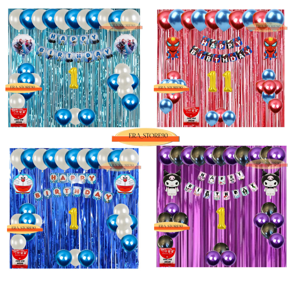 Set Dekorasi Pesta Ulang Tahun Anak Banner Happy Birthday Doraemon Kuromi Spiderman Capten Frozen