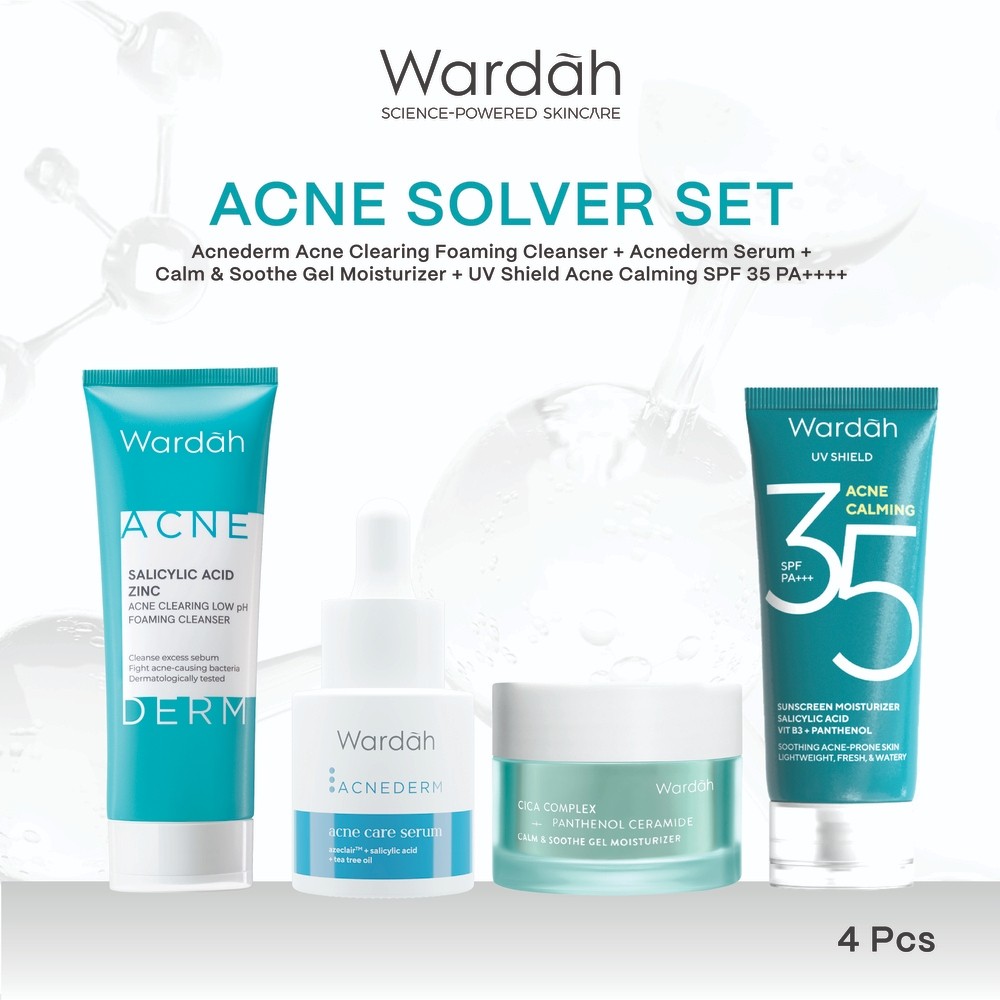 Wardah [4 pcs] Paket Skincare Solusi Masalah Kulit - Face Wash, Moisturizer, Serum, & Sunscreen (Acnederm, Cica, Panthenol, UV Shield, Amino Facial Wash, Airy, Crystal Secret, Lightening, Day Cream