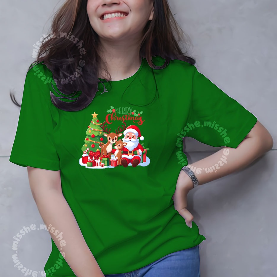 Jual Cod Id Tshirt Motif Kaos Dtf Merrii Christmass Tree A Deer Spruce Kaos Katun Wanita