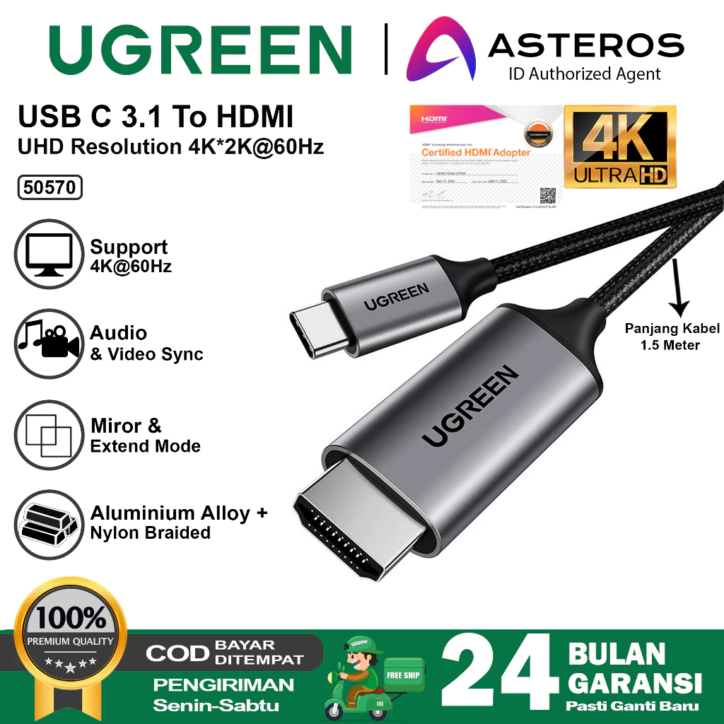 UGREEN Kabel USB Type C To HDMI TV Proyektor Converter For Laptop 4K 60Hz Adapter