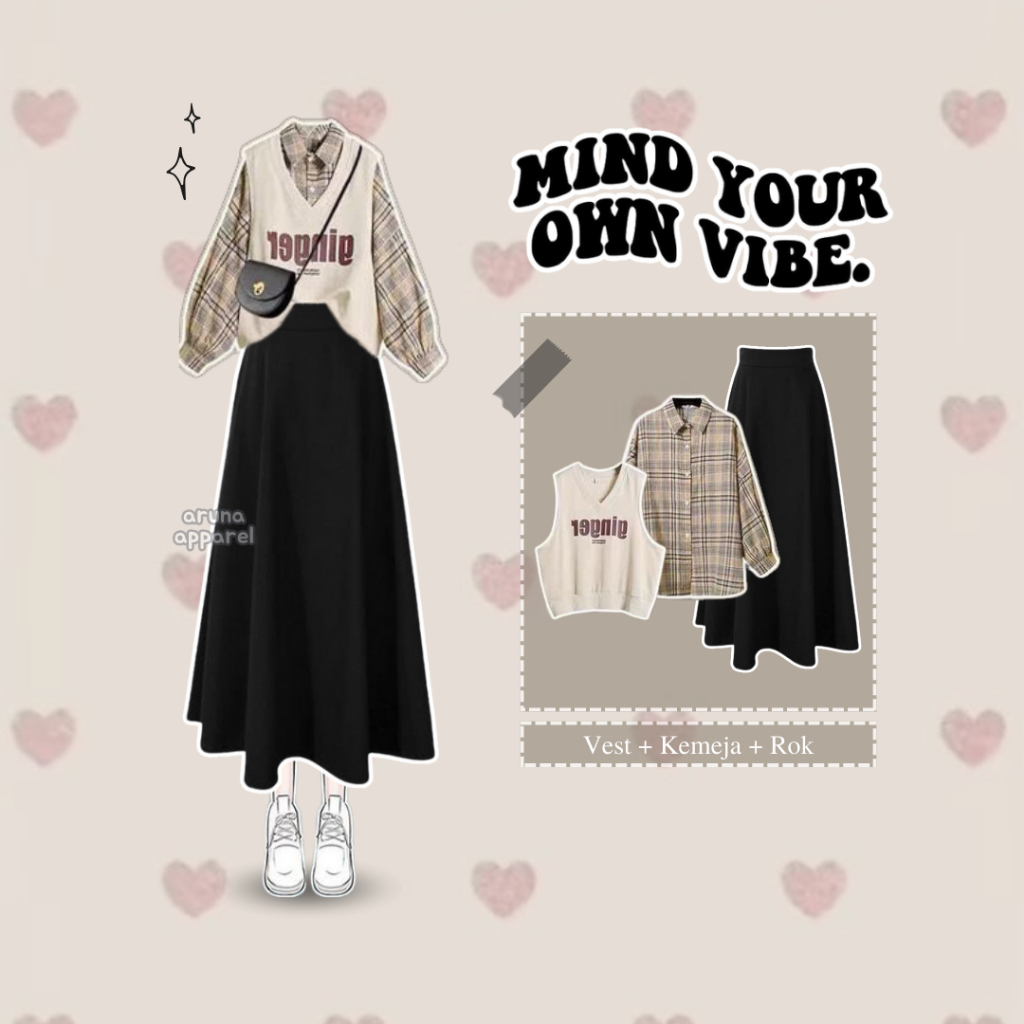 Jual 3in1 One Set Hijab OOTD Remaja Rok Casual Outfit Pinterest (Vest ...
