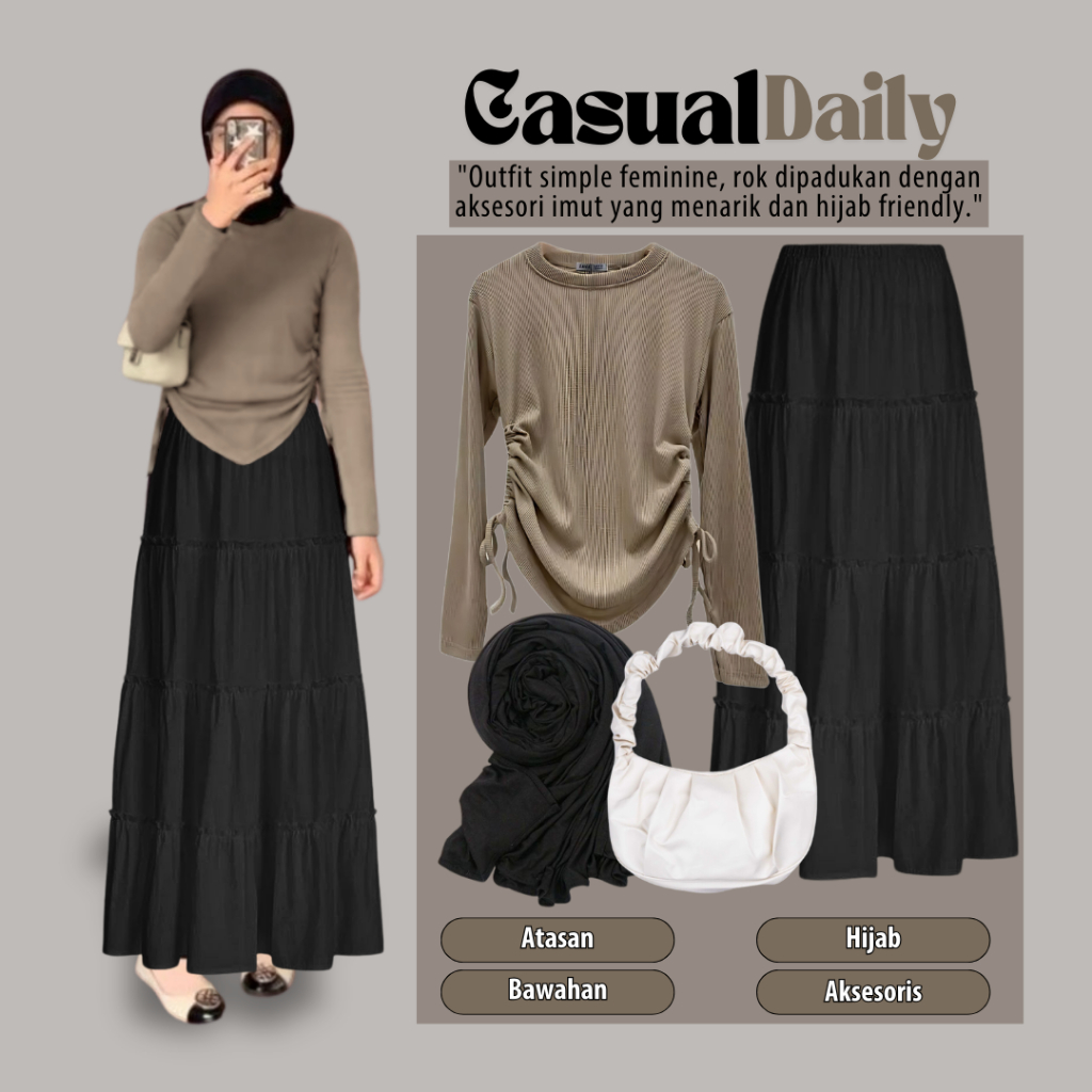 Jual One Set Hijab OOTD Casual - Blouse Knit Serut, Rok Susun Hitam ...