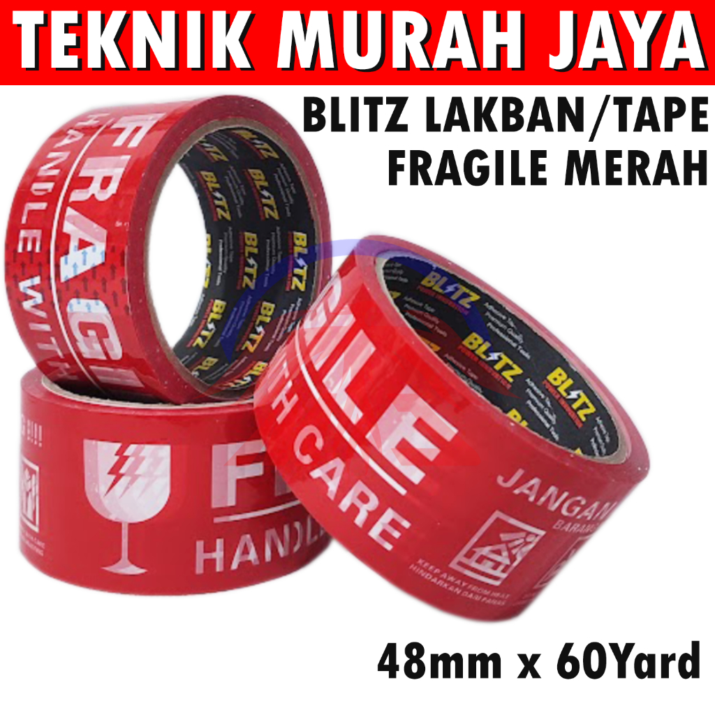 Jual BLITZ Tape Lakban Fragile Merah PREMIUM OPP LEBAR 48 mm PANJANG 80 ...