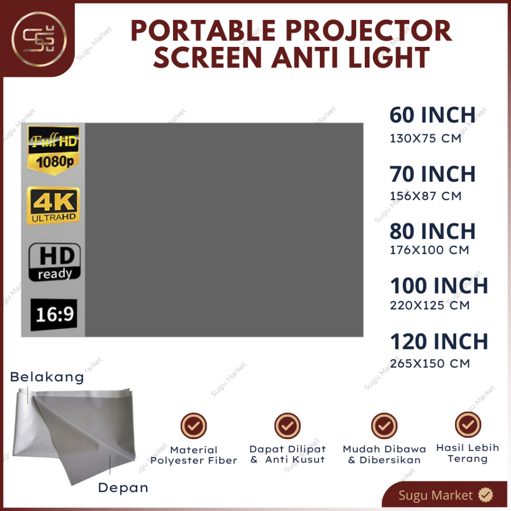 Jual Layar Proyektor Anti Light 60 - 70 - 80 - 100 - 120 Inch Ratio 16: ...