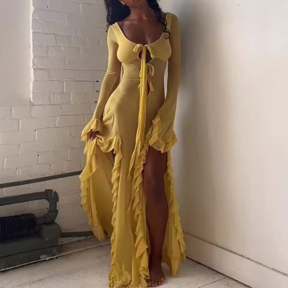 Jual Women's Sexy Slim-Fit See-through Dress Long Sleeve Ruffled Slit ...