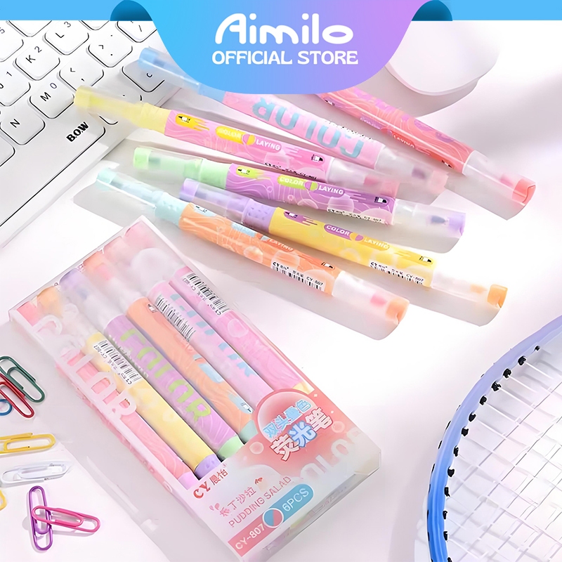 Jual [READY] Aimilo Highlighter Pastel 1 Set Spidol Warna 2 Sisi 6 PCS ...