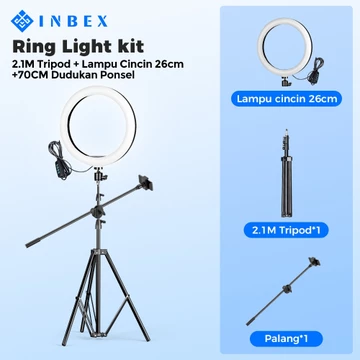 INBEX Ring Light Besar 26cm Tripod 210cm 3 Holder HP Ringlight Tripod Konten Kreator Grati