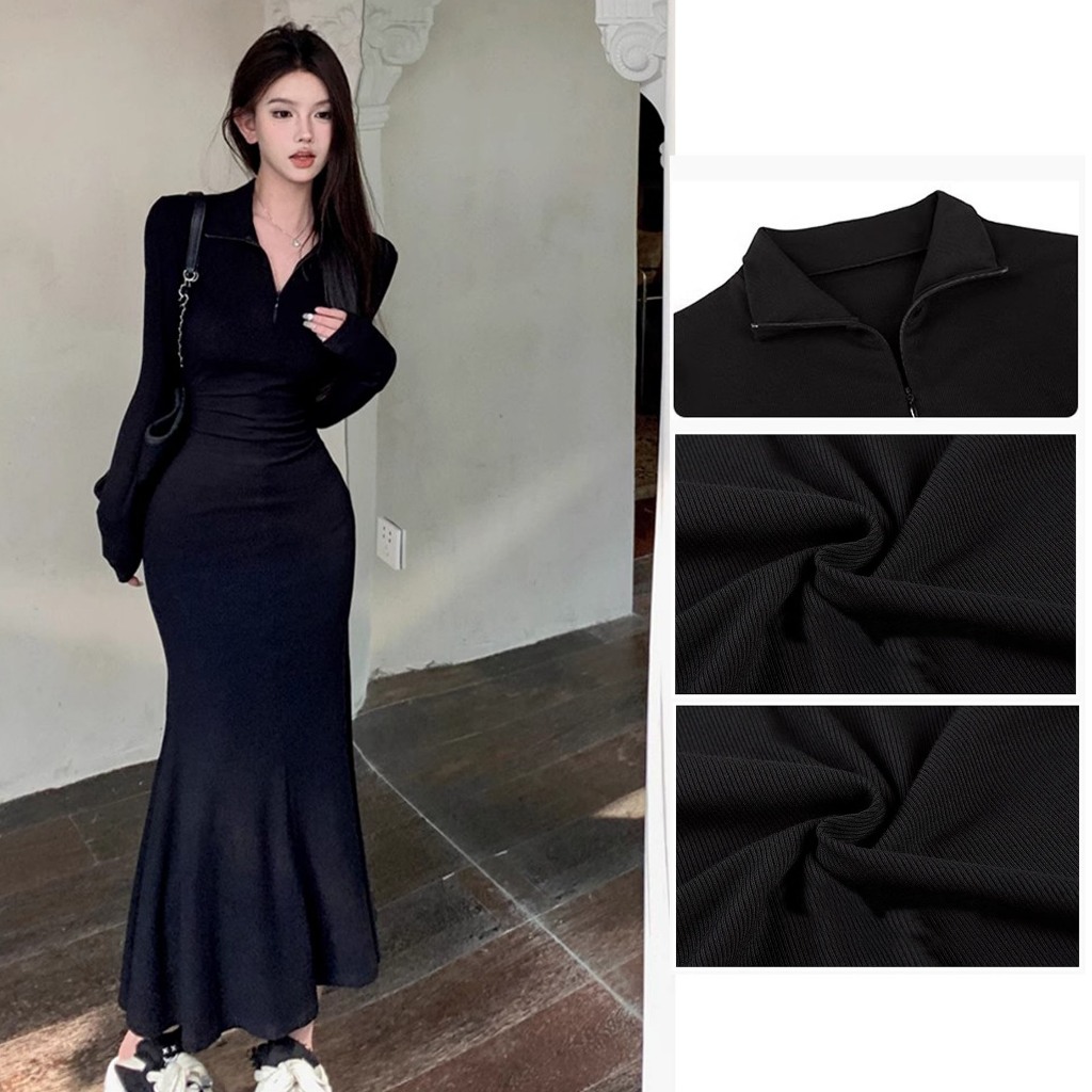 Jual keygirl dress hitam lengan panjang Inner Dress Lengan Panjang Pakaian  Wanita Warna Hitam jumbo 80kg Korean Style Fishtail Long dress | Shopee  Indonesia